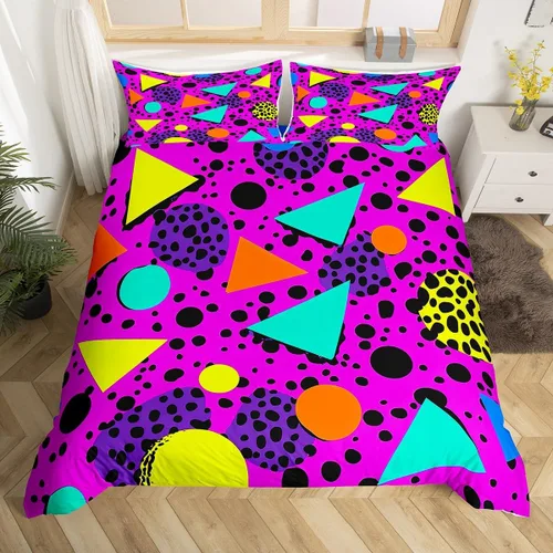 Miniatura 25 de Juego de funda de edredón retro de los años 80 y 90 para hombres y niños, tamaño matrimonial, con formas geométricas redondas triangulares, funda