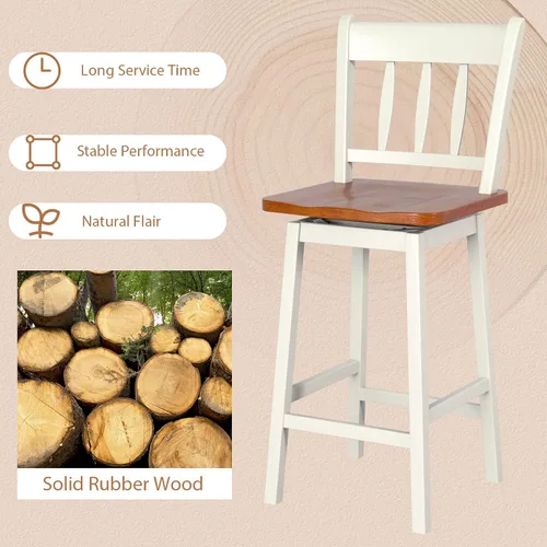 Miniatura 6 de COSTWAY Juego de 4 taburetes de bar de 24.5 pulgadas, sillas de bar de madera de goma con giro de 360°, reposapiés, taburetes de bar giratorios