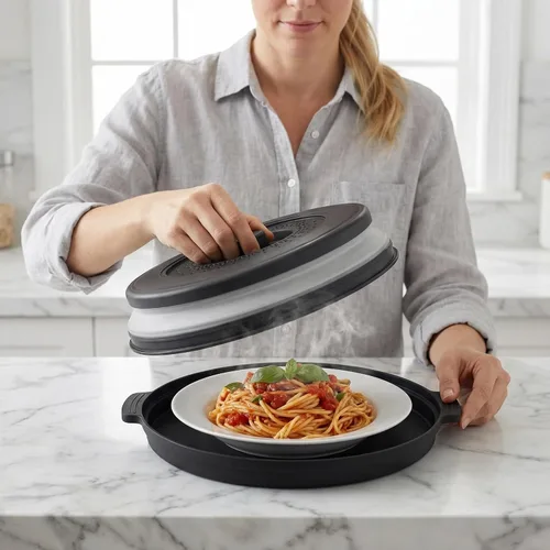 Miniatura 6 de Cubierta de alimentos para microondas con asa – Protector de salpicaduras de silicona plegable y ventilado con bandeja – Para microondas