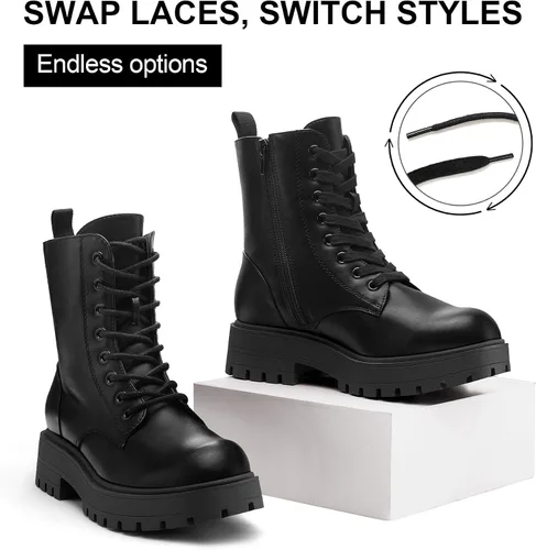 Miniatura 4 de mysoft Women's Combat Boots Platform Chunky Low Heel Lace Up Ankle Booties With Side Zipper Shoes
