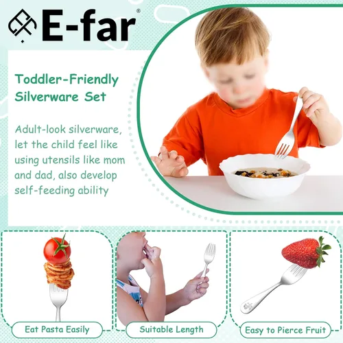 Miniatura 5 de E-far Tenedores para niños pequeños, juego de 6 tenedores de acero inoxidable para niños pequeños, utensilios pequeños de metal