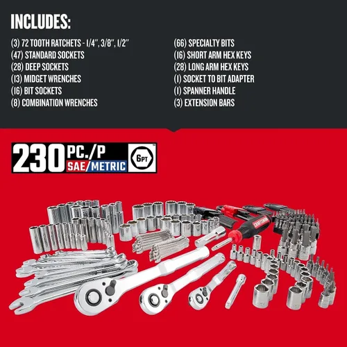 Miniatura 2 de CRAFTSMAN Juego de herramientas mecánicas, 230 piezas de herramientas de mano y juego de zócalos con caja de herramientas de 3 cajones (CMMT45305)