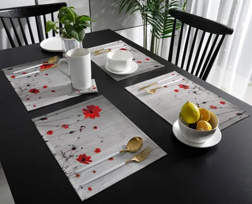 Miniatura 3 de Juego de 6 manteles individuales de flores de amapola roja para mesa de comedor, manteles individuales de lino de algodón gris rústico