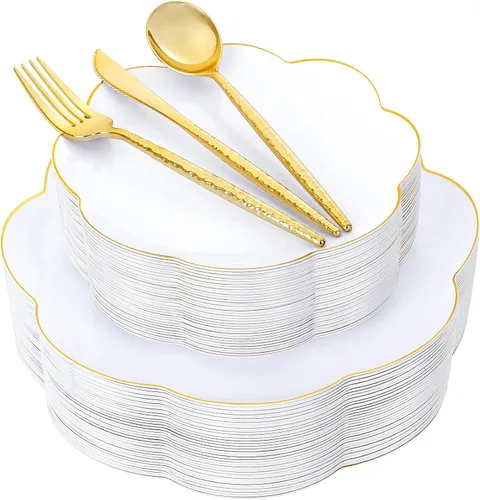 Miniatura 8 de LIYH - 150 platos de plástico transparente y dorado, elegante juego de vajilla desechable de plástico dorado que incluye platos de cena y postre
