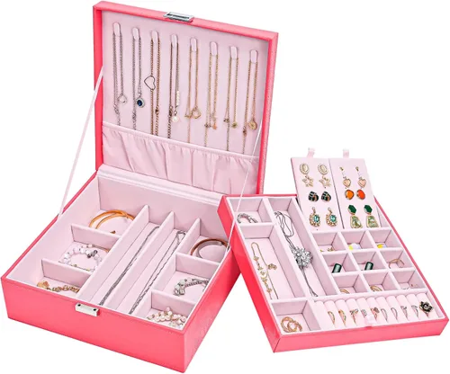 Joyero para mujeres, niñas, novia, esposa, organizador de joyas de cuero grande, estuche de almacenamiento con dos capas para aretes, pulseras,
