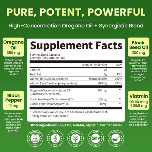 Miniatura 4 de Aceite de orégano 5 en 1 con aceite de semilla negra, 99% Carvacrol Thymoquinone 320 cápsulas de aceite de orégano orgánico, vitamina