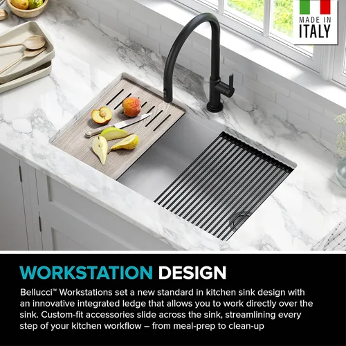 Miniatura 3 de KRAUS Bellucci Fregadero de cocina de granito con estación de trabajo empotrado de 30 pulgadas en negro metálico con accesorios, KGUW2-30MBL