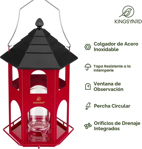 Miniatura 3 de Kingsyard Comedero de metal para colgar en exteriores, comederos para pájaros silvestres con percha circular, fácil de limpiar y rellenar, gran Rojo