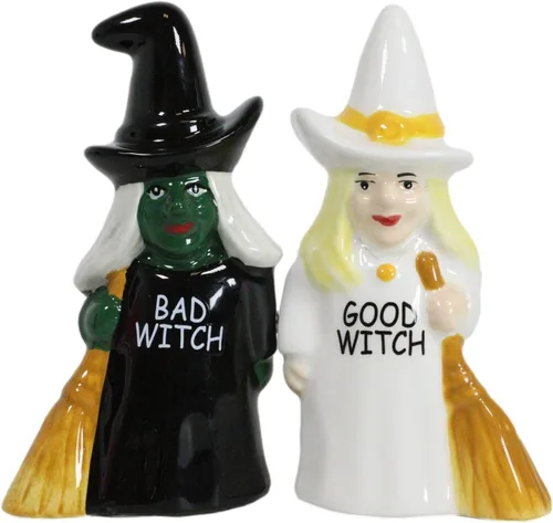 Ebros Gift Fuerzas del bien y del mal Elphaba VS Glinda Brujas que llevan escobas con salero y pimentero, juego de figuras de cerámica con tapones