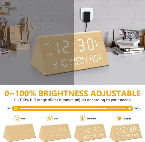 Miniatura 3 de Kogonee Reloj despertador digital de madera, atenuación 0-100%, 2 configuraciones de alarma, modo todos los días/fin de semana, repetición de 9