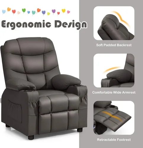 Miniatura 5 de GLACER Silla reclinable para niños con portavasos y bolsillos laterales, reclinable para niños con respaldo cómodo, reposabrazos y reposapiés, Marrón