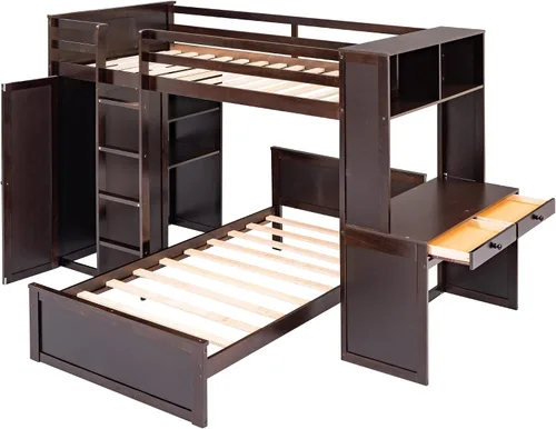 Miniatura 6 de Cama tipo loft multifuncional de tamaño individual con una cama y escritorio independientes, cama tipo loft de madera maciza con estantes y armario