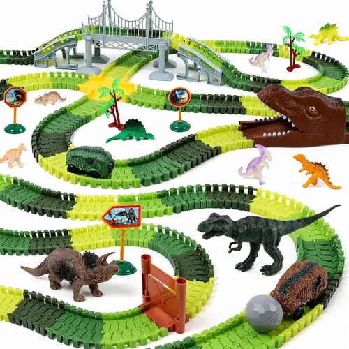 Pista de carreras de dinosaurios para niños - Regalos de cumpleaños para niños de 3, 4, 5, 6, 7 años, set de pista de autos flexible de más de 280