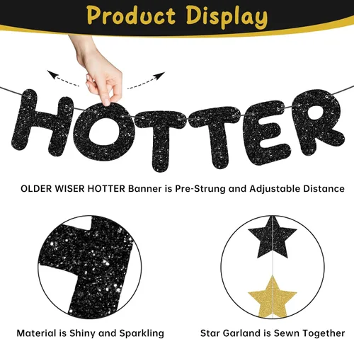 Miniatura 3 de Older Wiser Hotter - Kit de decoración de pancartas preencordadas para hombres y mujeres, guirnalda de estrellas con purpurina dorada negra y dorada