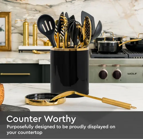 Miniatura 3 de STYLED SETTINGS Soporte para utensilios de cocina negro y dorado con soporte de cuchara integrado, 2 soportes grandes de cerámica para utensilios