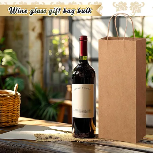 Miniatura 6 de Handepo 50 bolsas de papel kraft para vino con asas prácticas de 13 x 5.3 x 3.3 pulgadas, bolsas de compras para pequeñas empresas (marrón)