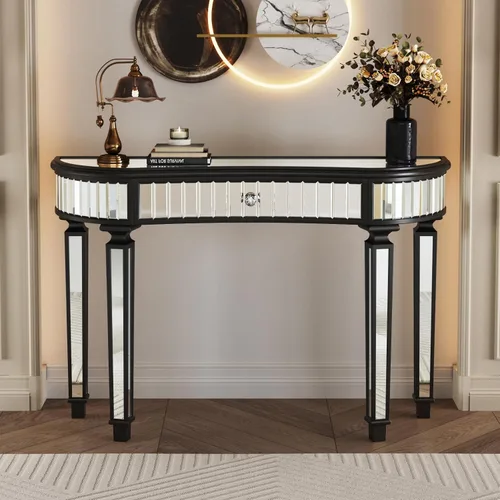 Miniatura 12 de Henf Escritorio de tocador con espejo para dormitorio, mesa de tocador de maquillaje, mesa de sofá con 2 cajones de diamantes sintéticos, moderno