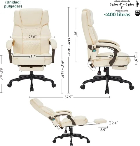 Miniatura 2 de Silla de Oficina de Masaje con Reposapiés, 6 Puntos de Vibración y Calor, Sillas de Escritorio de Oficina en Casa para Personas Pesadas de 400 Crema