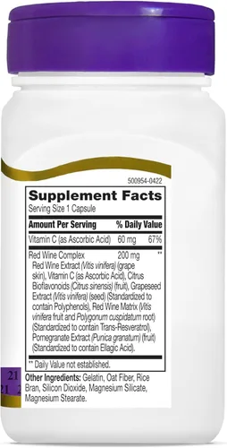 Miniatura 5 de 21st Century Resveratrol - Cápsulas de extracto de vino tinto, suplemento de resveratrol con extracto de semilla de uva, polifenoles y vitamina C