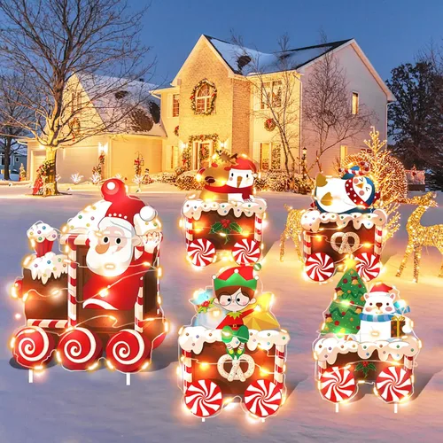 Miniatura 6 de Decoraciones de Tren de Navidad para Patio con Luces LED - Juego de Árbol de Navidad, Muñeco de Nieve y Tren para Patio con Estacas