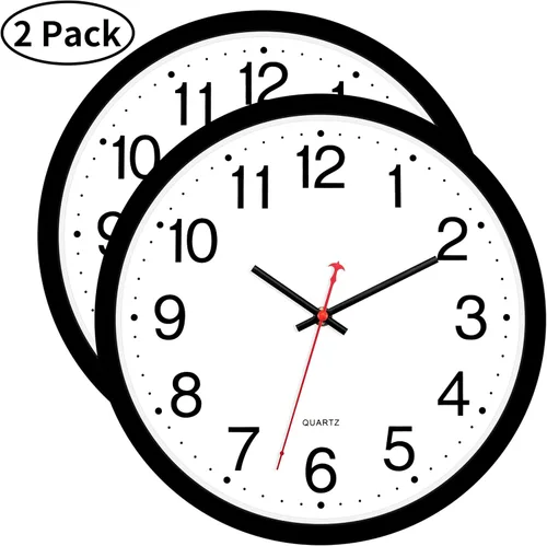 Miniatura 2 de Foxtop 2 Pack Reloj de pared negro de 12 pulgadas, silencioso, sin tictac, de cuarzo, funciona con pilas, analógico, redondo, para aula, escuela