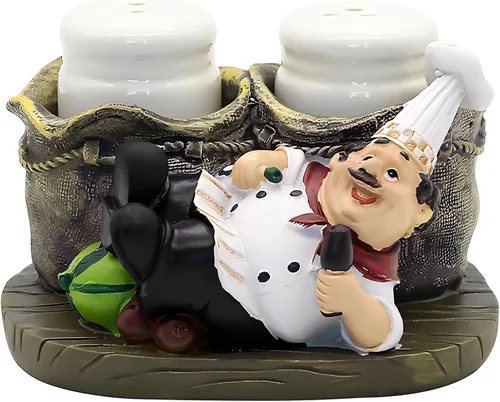 Miniatura 9 de Juego de saleros y pimenteros, estatua decorativa de chef sentado, organizador de especias, tarros de especias de vidrio con soporte, figura