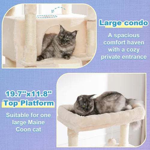 Miniatura 6 de Hey-brother Torre de árbol para gatos, postes rascadores con plataforma y cesta extra grande, condominio especial, 2 hamacas acogedoras, tabla