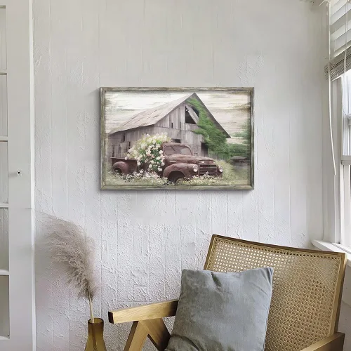 Miniatura 6 de Arte de pared de madera enmarcada de granja: arte de camión viejo rústico pintura de madera de granero para dormitorio