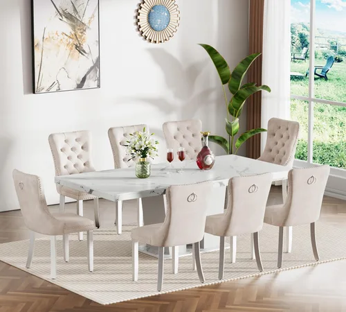 Miniatura 109 de Juego de mesa de comedor extensible de 5 piezas, juego de mesa de comedor extensible de estilo granja para 4, mesa de cocina expandible de madera