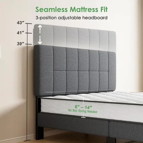 Miniatura 3 de Marsail Base de cama de tamaño individual con cabecero, tapizado, ajustable de 6 a 12 pulgadas, capacidad de 1300 libras, diseño de madera