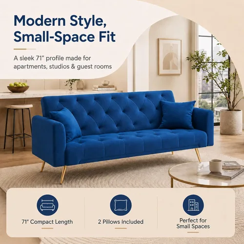 Miniatura 8 de Majnesvon Sofá cama plegable convertible de 71 pulgadas, moderno sofá biplaza de terciopelo con 2 almohadas, sofá cama futón con colchón y marco Azul