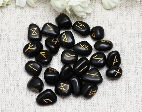 Miniatura 9 de Crocon Piedras preciosas de turmalina negra Alfabeto Futhark Alfabeto Grabado Runa Piedra 25 Piezas Set para Feng Shui Chakra Equilibrio Reiki
