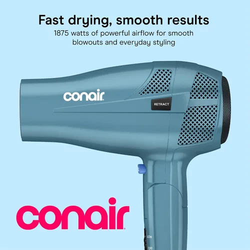 Miniatura 2 de Secador de pelo iónico Conair de 1875 W con mango plegable y guardacables, Azul Cable retráctil con mango plegable de doble voltaje de 1875 W