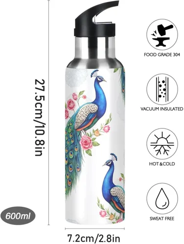 Miniatura 9 de Stainless Steel Vacuum Insulated Water Bottle 20 Oz, BPA-Free Sport Water Bottle for Gym Outdoor Travel School, Peacocks Blue Green Feathers
