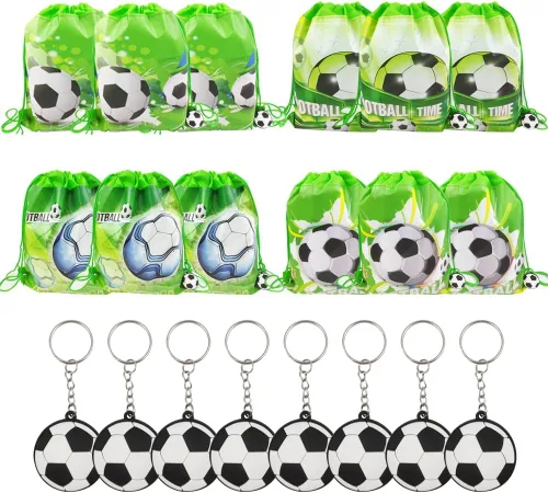 Paquete de 12 bolsas de regalos de fiesta de cumpleaños con cordón de fútbol, bolsa de suministros de fiesta temática deportiva, paquete de regalo