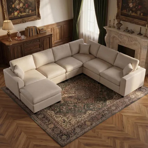 Miniatura 13 de Sofás modulares de nube seccionales para sala de estar, sofá modular grande con otomana, sofá de 3 plazas en forma de L con almohada, color beige