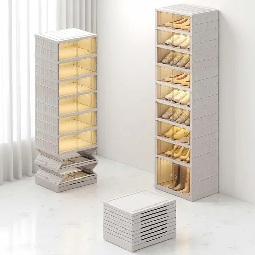 Miniatura 3 de Organizador plegable para zapatos para armario, 9 niveles, 18 pares, apilable, estante de zapatos plegable con puertas, organizador de zapatos