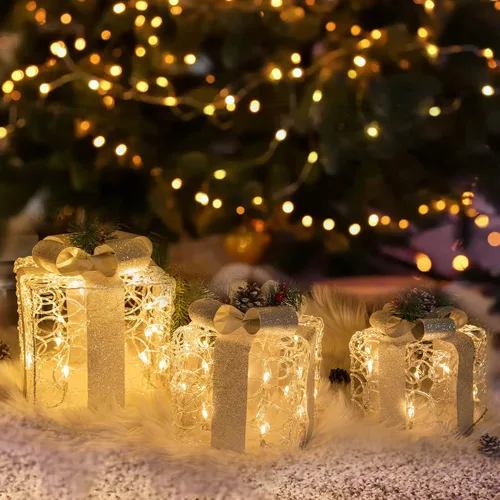 Miniatura 8 de PEIDUO Cajas de regalo iluminadas de Navidad, juego de 3, decoraciones de regalo al aire libre, paquetes debajo del árbol para interiores, fiestas