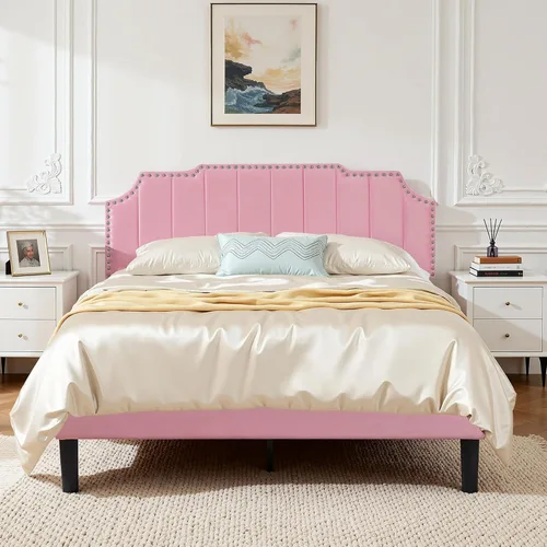 Miniatura 15 de VECELO Base de cama tapizada de terciopelo tamaño Queen con ribete de clavos, cabecera ajustable en altura copetuda, cama vintage con listones