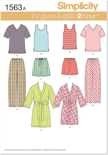 Simplicity US1563A Kit de patrones de costura para pijamas fáciles de coser para adolescentes, hombres y mujeres, código 1563, tallas XS-XL