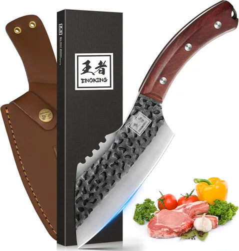 ENOKING Cuchillo de chef forjado a mano de 6.1 pulgadas, cuchillo de carnicero de acero de alto carbono con funda de cuero, cuchillo de cocina de