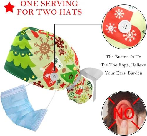 Miniatura 3 de Paquete de 2 gorras quirúrgicas para mujer con botones, ajustables y elásticos con lazo en la espalda, gorro quirúrgico de muñeco de nieve de Navidad