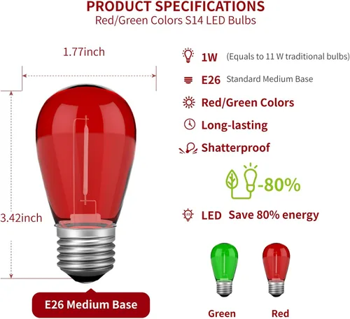 Miniatura 2 de VISTERLITE Paquete de 24 bombillas LED S14 de Navidad, color rojo y verde, de plástico irrompibles, de 1 vatio, bombillas de repuesto para luces