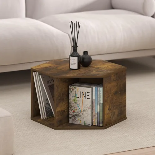 Miniatura 5 de Furinno - Mesa de café de diseño simple, mesa de café moderna hexagonal con estante abierto, mesa auxiliar vertical u horizontal, para sala de Pino