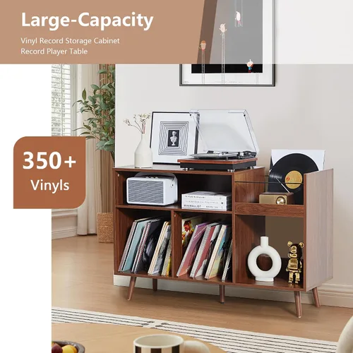 Miniatura 3 de RARZOE Soporte grande para tocadiscos, soporte de exhibición de discos de vinilo de mediados de siglo, soporte para tocadiscos con almacenamiento