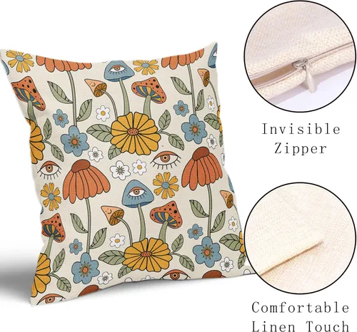 Miniatura 3 de Juego de 2 fundas de almohada retro bohemias, florales, amarillas y naranjas, de 16 x 16 pulgadas, estilo vintage de los años 70, con bonitos hongos