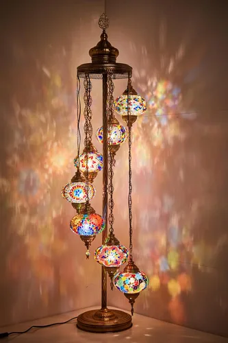 Miniatura 12 de DEMMEX - Lámpara de pie con mosaico marroquí turco de 7 globos grandes, lámpara de pie bohemia con mosaico Tiffany con enchufe y enchufe
