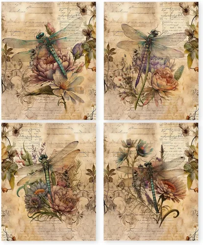 Miniatura 14 de HRQKO Juego de 4 pósteres de arte de pared de mariposa floral vintage, arte de pared floral, arte de pared retro, póster de impresión de mariposas