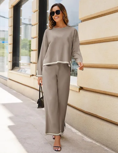 Miniatura 4 de Lentta Conjunto de 2 piezas de suéter de punto de manga larga para mujer, pantalones de pierna ancha, conjunto de descanso