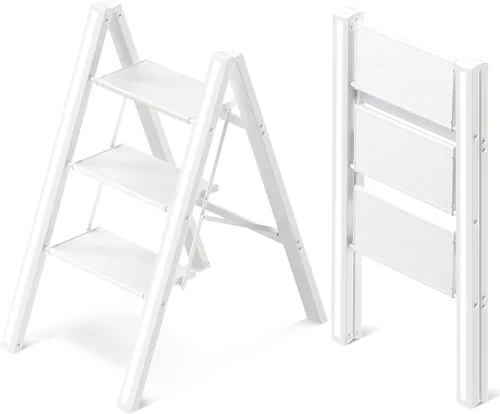 Escalera de 3 escalones, taburete plegable de aluminio con pedal antideslizante resistente y ancho, escalera portátil ligera para uso en el hogar y